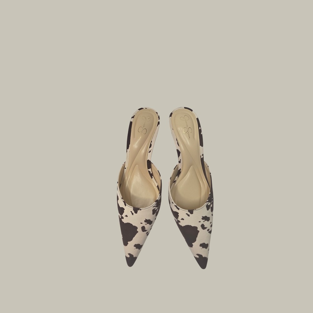 Jessica Simpson Cow Print Mule Heels Black White/Cream Pointed Toe Shoes 9M - Picture 3 of 5